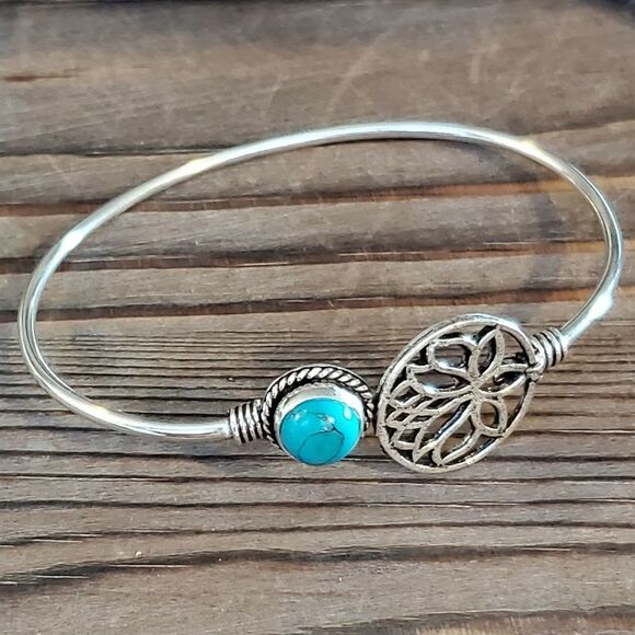 India Turquoise Gemstone Lotus Sterling Silver Overlay Cuff Bracelet 6743-R - Picture 1 of 8